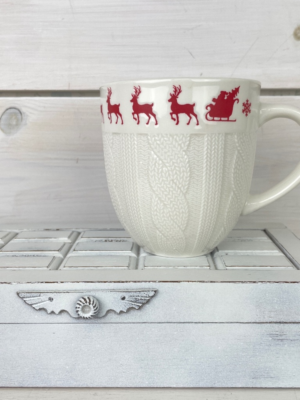 Unmarked White Sweater Pattern Christmas Coffee Mug Red Santas Sleigh Reindeer